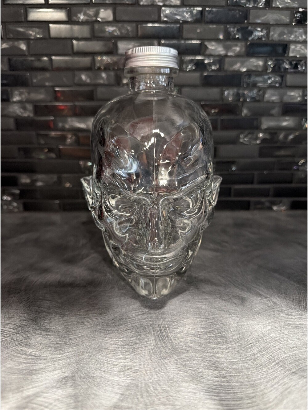 CLEAR COLLECTIBLE BOTTLE DEVIL DEMON LUCIFER WITH LID 6.75 INCHES HOLDS 20 OZS